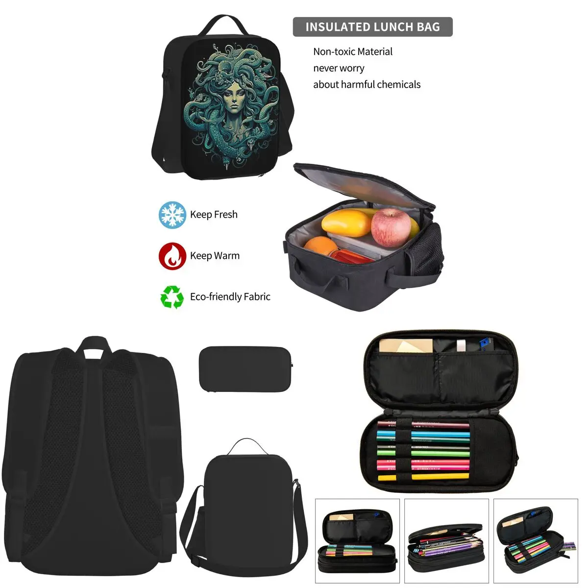 

Ancient Greece Medusa Gorgon Vintage Style Backpacks Children School Bags Kids Rucksack Lunch Bag Pen Bag Three-Piece Set