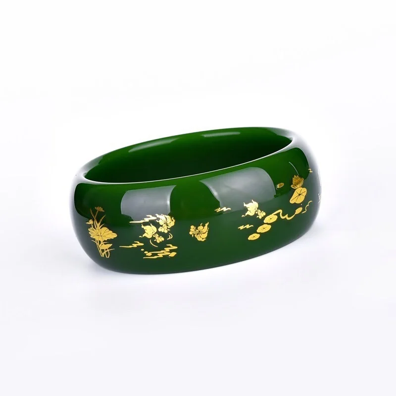 Xinjiang Widens Hetian Jasper Happy Ever After Jade Bracelet Spinach Green Gold Jade Bracelet