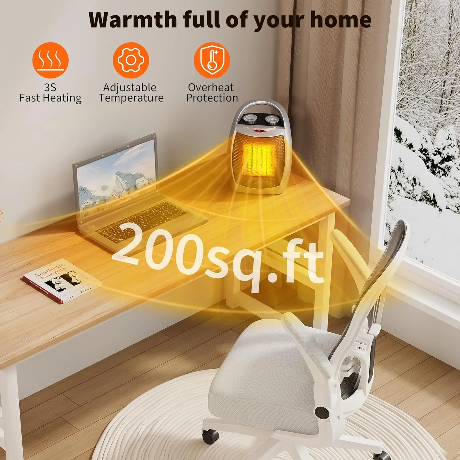 Aquecedor de espaço elétrico portátil 1500W / 750W Termostato 2 em 1 Aquecimento rápido Aquecedor de espaço de mesa de cerâmica e proteção contra superaquecimento do ventilador