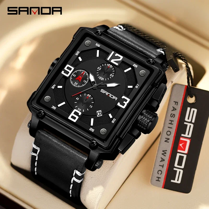 

SANDA 5304 Fashion trend Quartz Wristwatch Waterproof Stopwatch Square Dial Leather Strap Design Date Fluorescence Men Watch