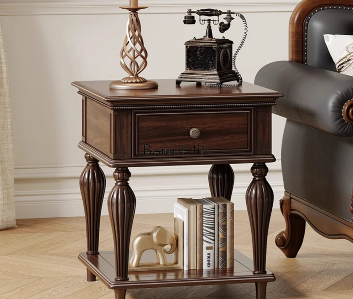 

American Retro Country Style Black Walnut Solid Wood Corner Table Double Layer Small Side Table