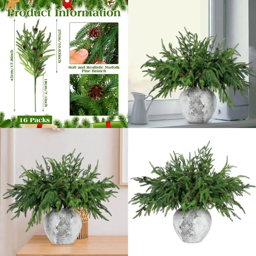 

Artificial Christmas Norfolk Pine Branches with Cones, Set of 16 for Indoor or Outdoor Decor