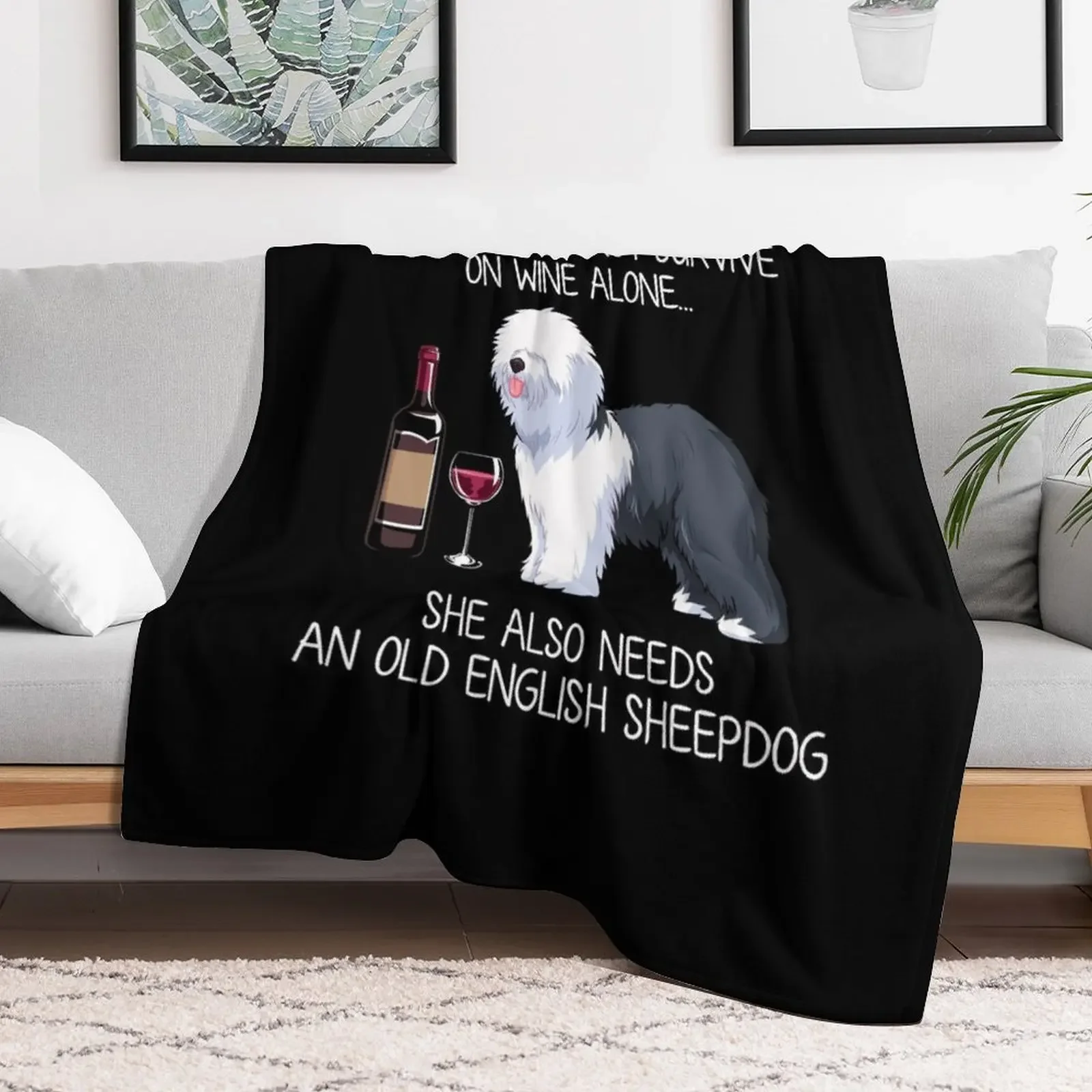 Old English Sheepdog and wine Funny dog Throw Blanket Luxurious Soft Fuzzy Blanket for Sofa Bed