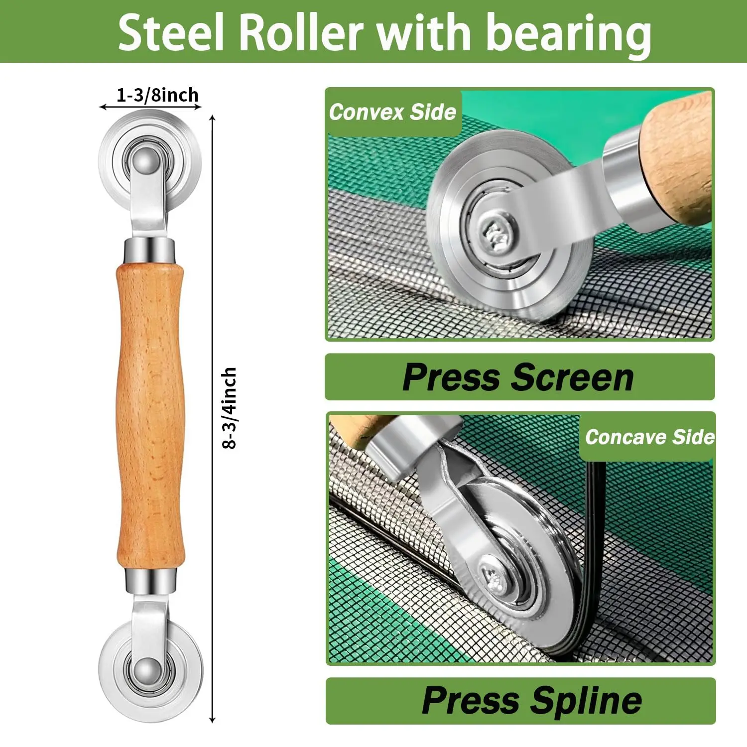 3Pcs Screen Tool, Window Screen Spline Roller Tool with Wooden Handle and Steel/Nylon Bearing Wheels, Mesh Screen Door Repair