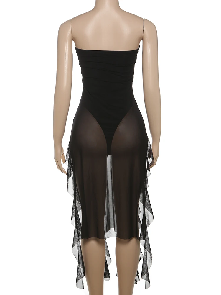 Kliou メッシュタッセル女性ボディスーツ簡潔な固体ストラップレスパッチワーク不規則なスリムマキシタンク女性の夏のセクシーなトレンドクラブウェア