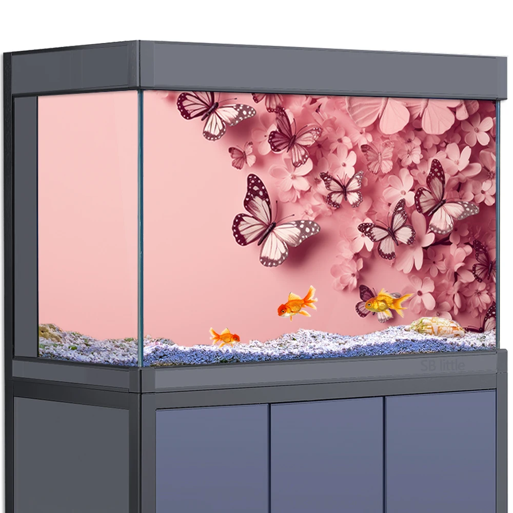 Aquarium Background Sticker - Pink Butterfly Flowers HD 3D Poster Decoration - for 5-60 Gallon Fish Tanks Reptile Habitat