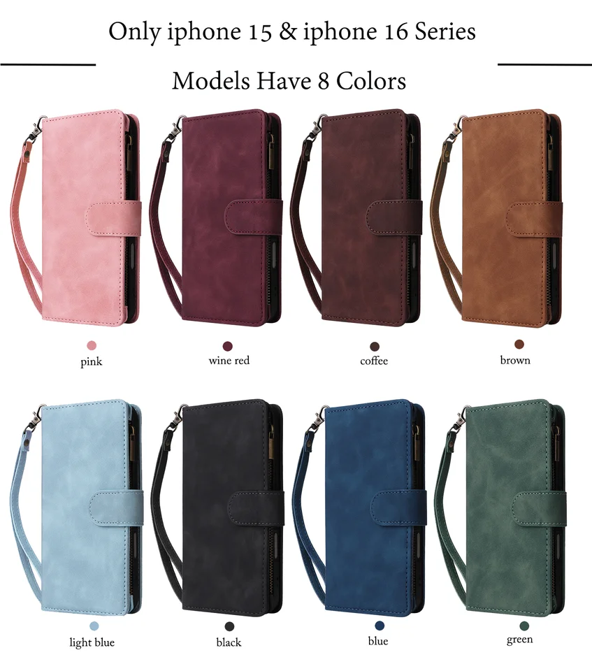 Funda tipo cartera de cuero premium con cremallera y ranuras para tarjetas para iPhone 16, 15, 14, 13, 12, 11, 17 Pro Max, Plus, 17 Air, 16e 6