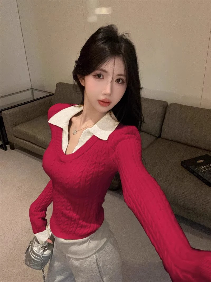 Retro American Slim Fit  Ne Long Sve Women's Knitted Sweater Autumn New Design Waist-Cinching Casual Inner Wear