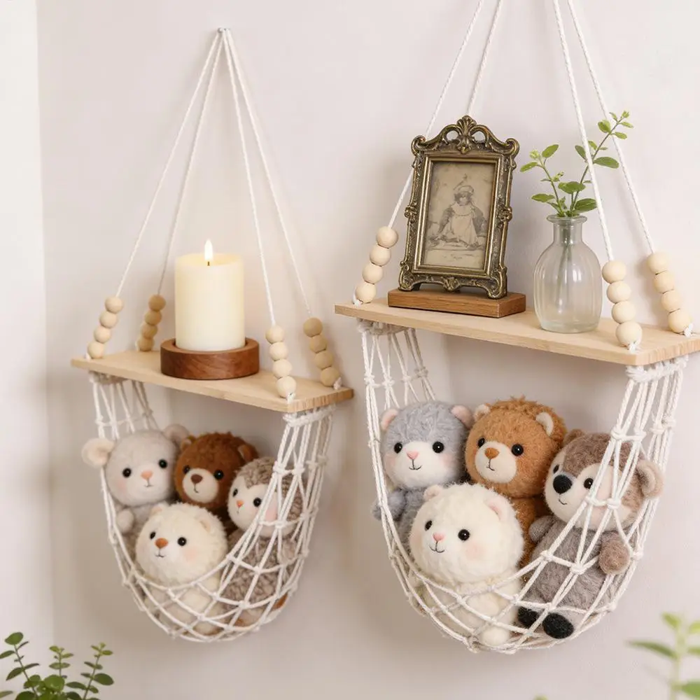 Floating Wall Shelf Wood Square Corner Display Stand Boho Home Decoration Living Room Hand Woven Storage Net Hanging Decor