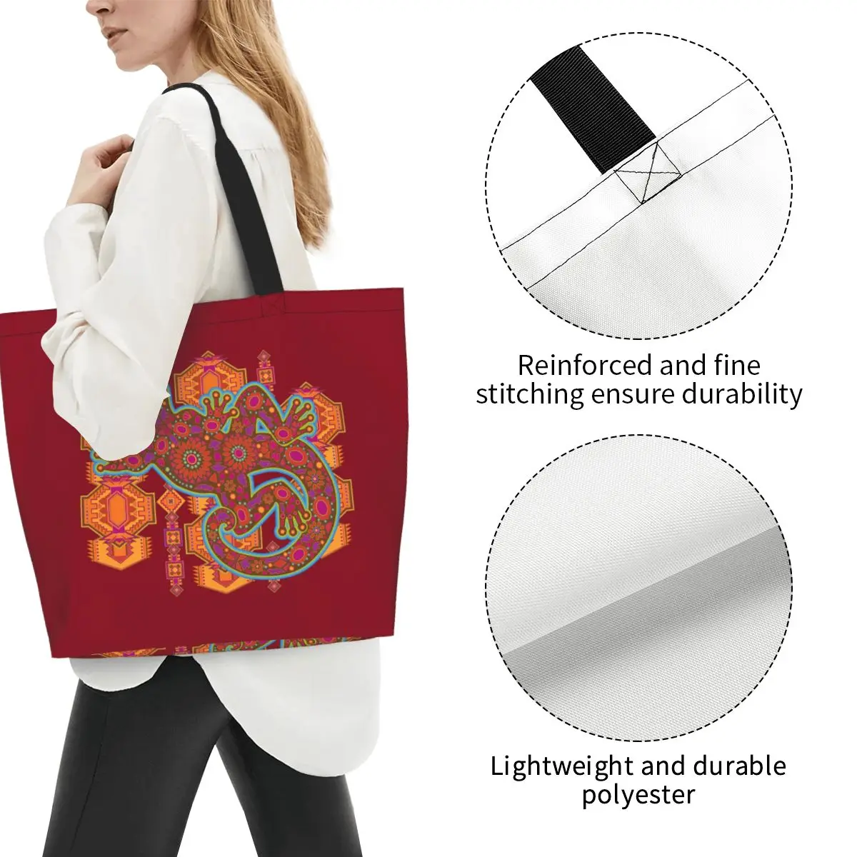 Ethnic Tribal Lizard Salamander Shopping Tote Bag Canvas Large Capacity Shoulder Bags Shopper Grocery Handbag for Women