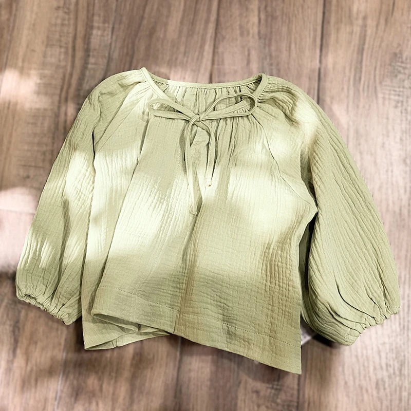 100% Cotton Girls Lace-Up Blouse Spring Autumn Children Baby Girl Bow Round Neck Casual Loose Long-Sleeved Shirts TZ034