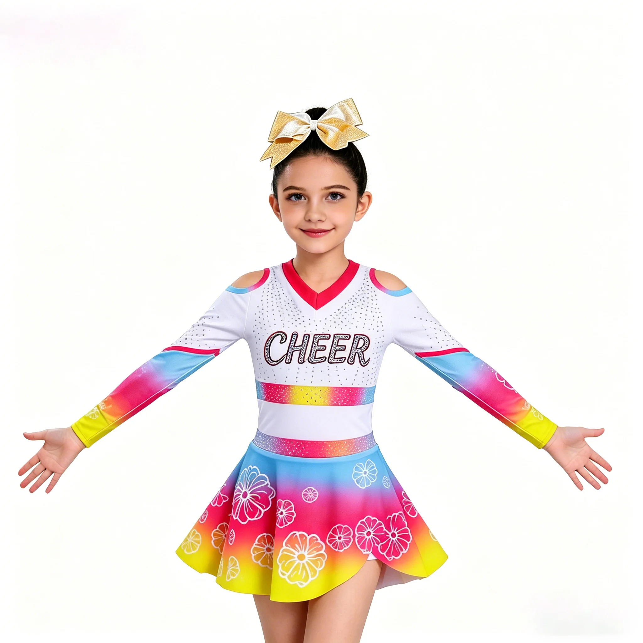 

Eleglant Cheerleading Costume Long Sleeve Gradient Flower Print Cheer Uniform Girls Dance wear Competition Performance Outfit