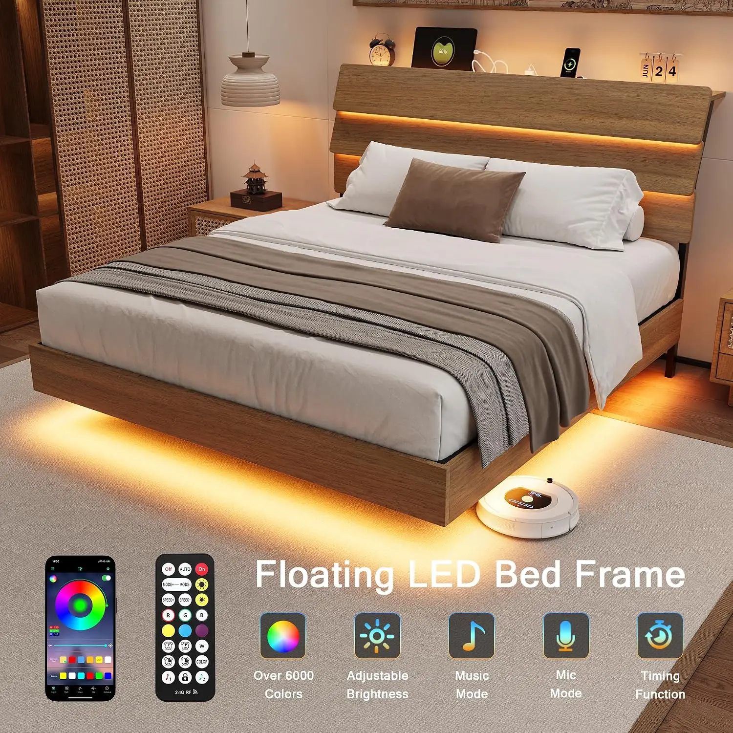 Queen Bed Frame with Charging Station & LED, Wood Storage Headboard, Metal Slats, No Box Spring, Noise Free, Walnut, Customized