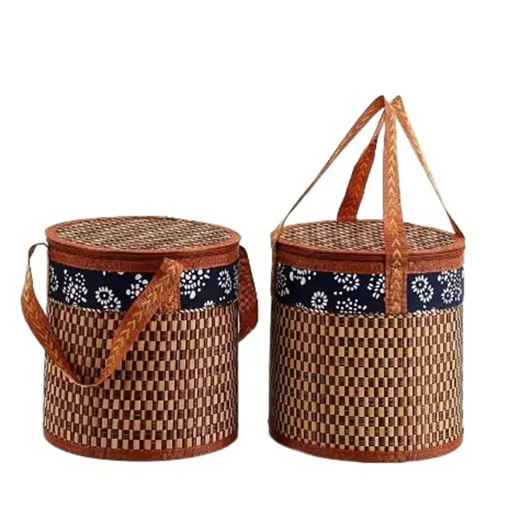 Cylindrical Bamboo Woven Picnic Basket Handmade Country Style Food Fruit Egg Baskets Handheld Eco-friendly Dessert Food Bag Tea