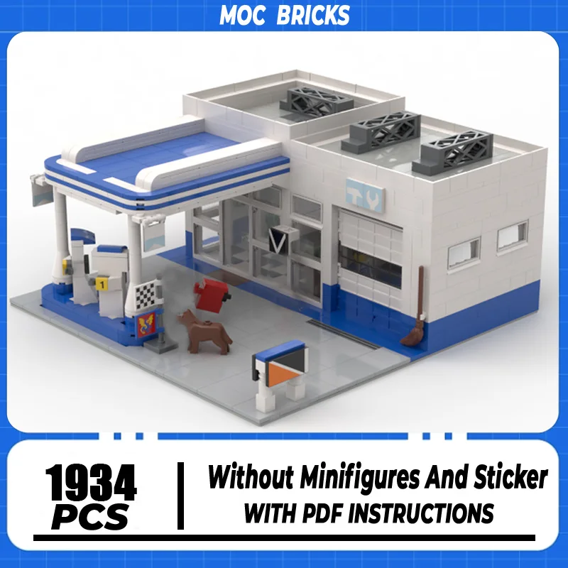 

Moc Building Bricks Mini Shop Fuel Station Model Building Technology City Street View Block Toy Holiday Construstion Gifts
