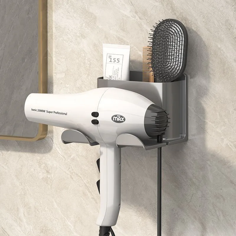 Punch Free Wall Mounted Bathroom Hair Dryer Storage Rack Waterproof Hanging Organizer Shelf No Drilling Required