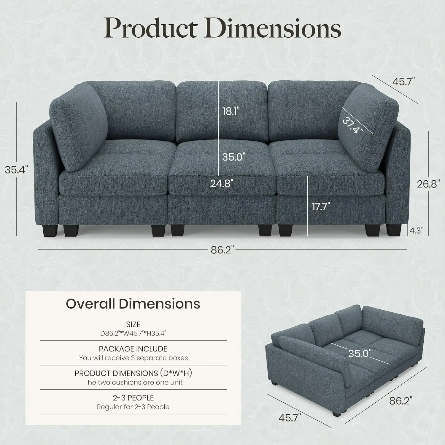 Deep Seat Cloud Modular Sectional Sleeper Sofa Bed 86.2