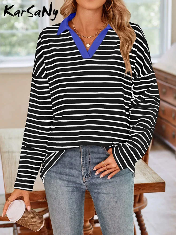 Autumn Women\'s Sweatshirts Oversized Striped T Shirt Long Sleeve Polo Sweatshirt Casual Loose Cotton Pullover For Women Lady Top