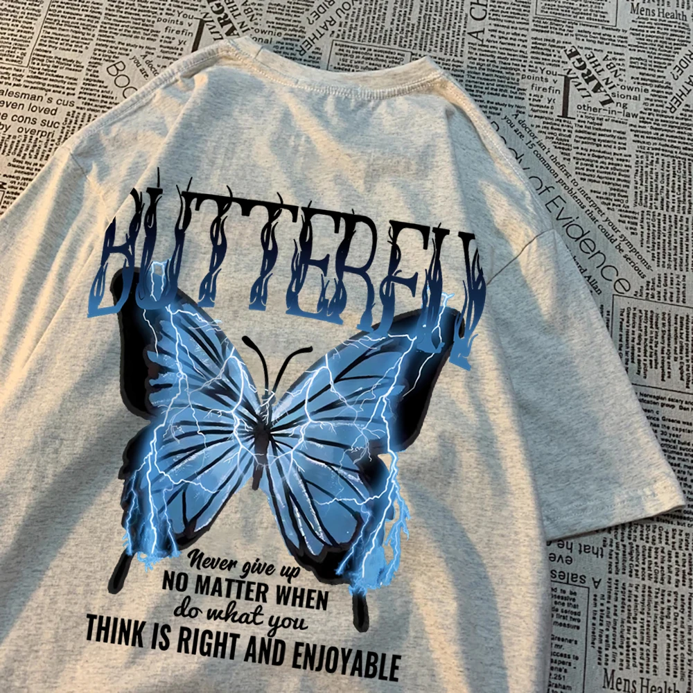 Blue Lightning Butterfly Creative Word T-Shirt Casual T-Shirt Casual Loose Tee Clothes Pattern Quality Tops
