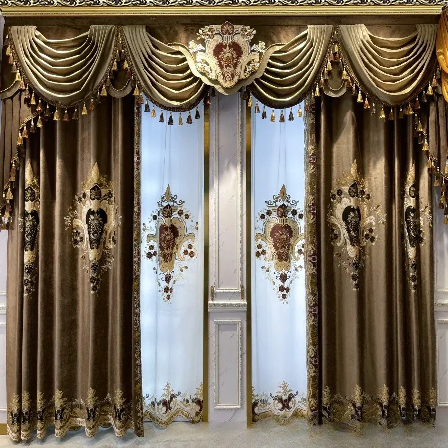 European-style villa, duplex high-end flannel embroidered luxury curtains
