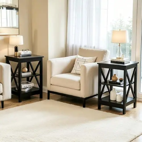 Black End Tables, Living Room End Tables Set of 2, Farmhouse Small Side Table, 3-Tier Modern Bed Side Table Nightstands