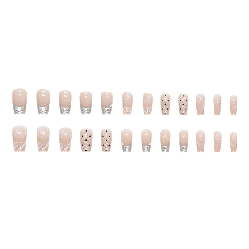 24pcs Silver French Vintage Spring Summer Fashion False Nails To Stick Artificial Press on Nails for Girls Fake Nails with Glue