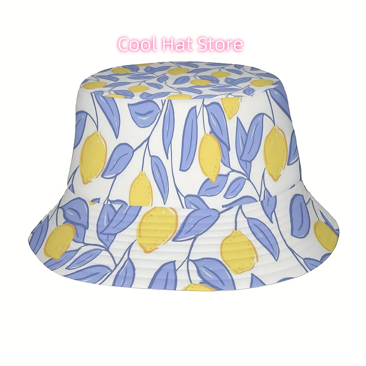 1pc Lemon Print Bucket Hat - Wide Brim, Lime Green & Blue Lemon Leaf Pattern with Lemon Slices - Unisex Outdoor Beach, Golf, Fis