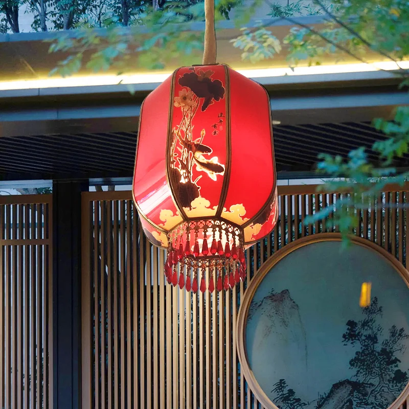 

All-copper red lantern chandelier New Chinese classical Chinese style big red festive blessing character gate corridor balcony l
