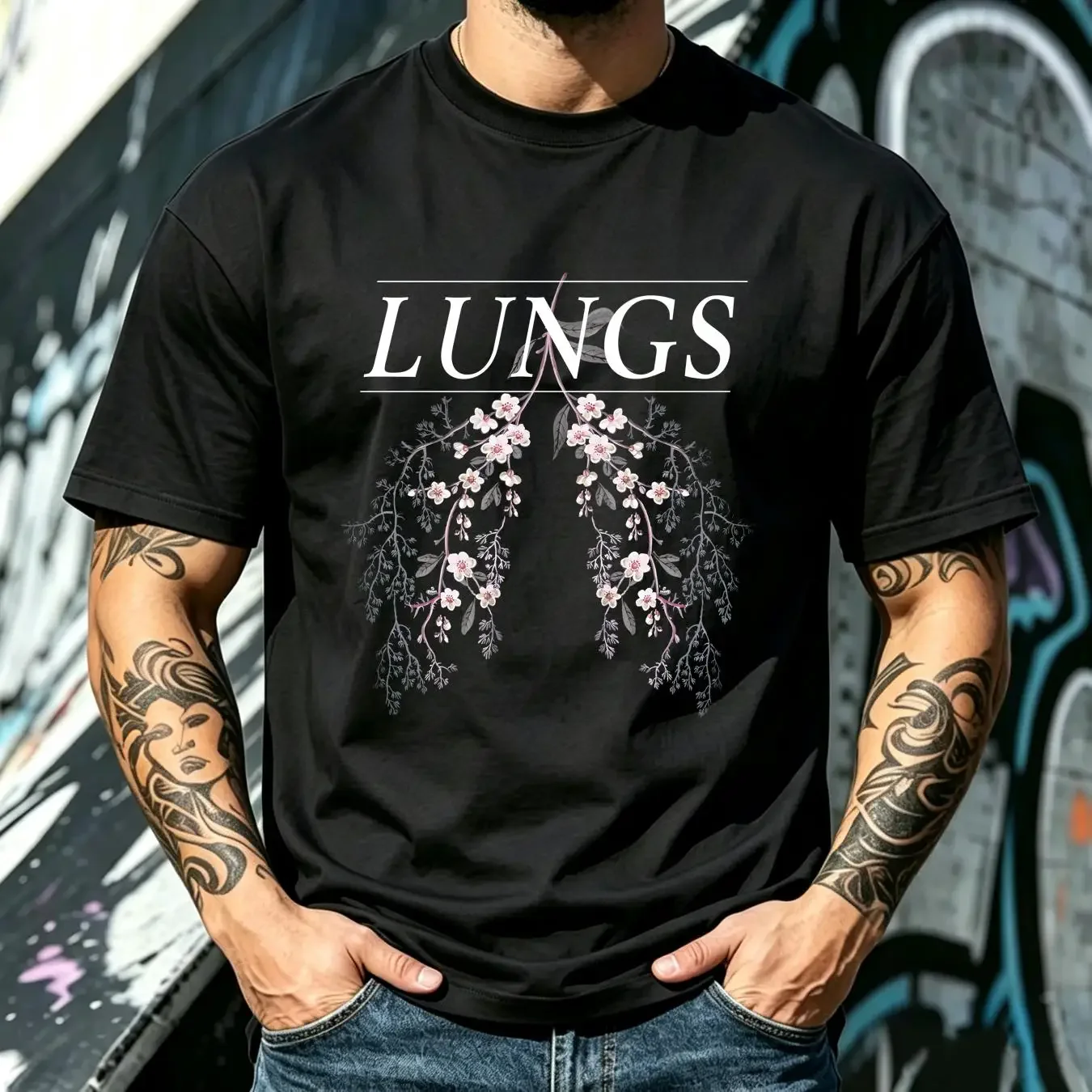 washed T Shirt Florence the Machine LUNGS Black vintage Washed Stretched Breathable graphic Stylish streetwear Casual fashion