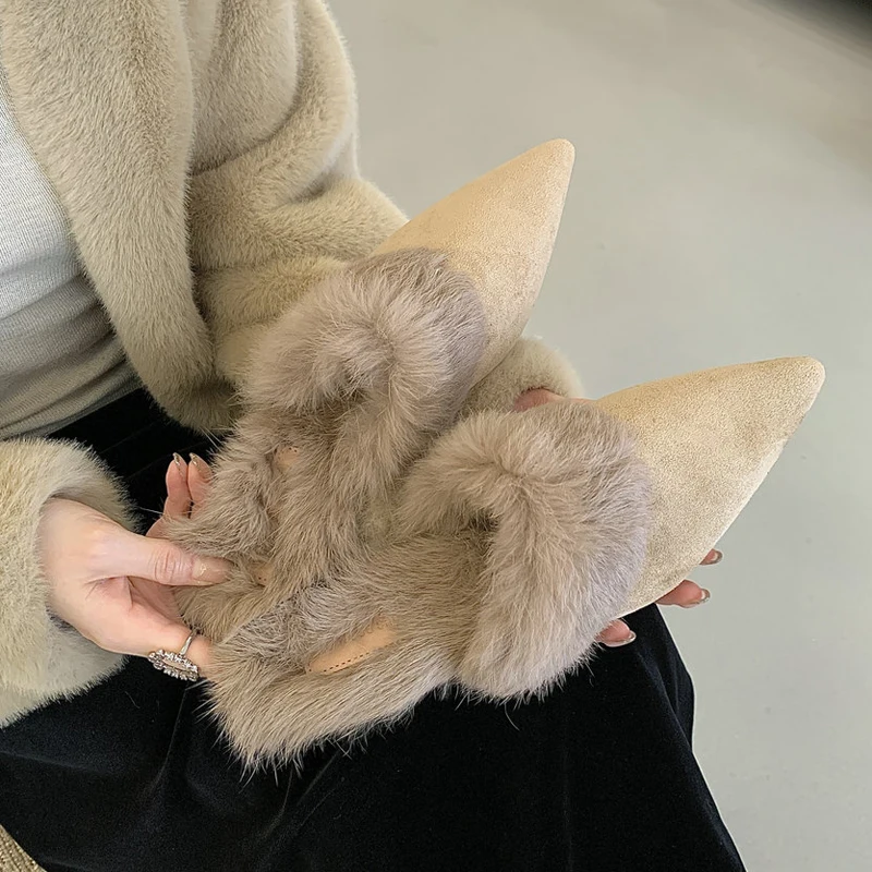 

rabbit Fur Mules Women Shoes luxury pointed Toe Slippers Slip On heels Mule Winter Warm Shallow Furry Slides Brown apricot Black