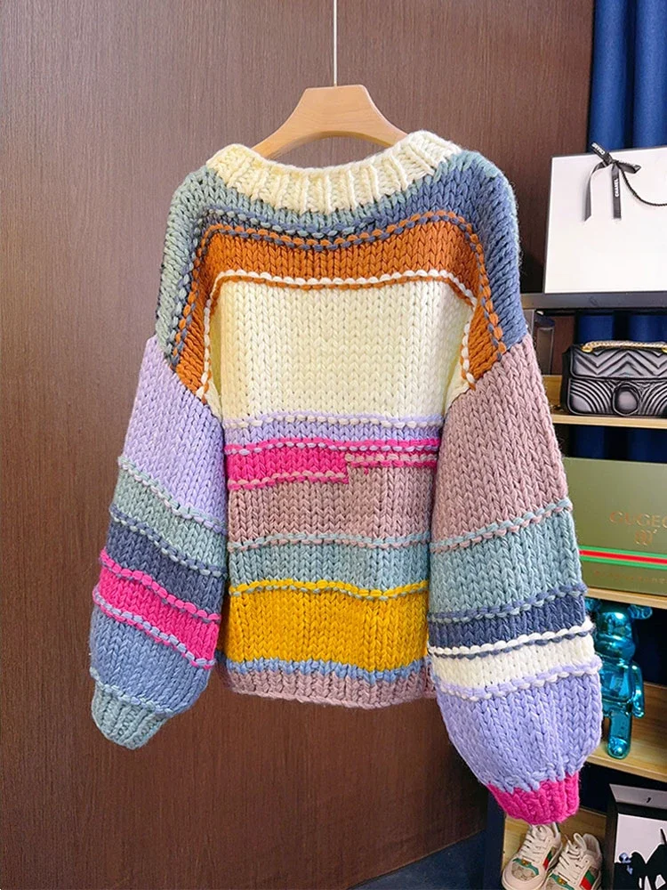 Handmade Striped Vintage Floral Sweater Long Sleeved 3D Flower Knitted Jumper Chunky Wool Blended Rainbow Color Women Pullovers