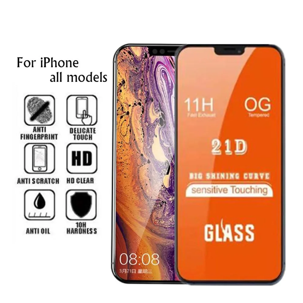 100PCS 21D Glass Screen Protector For iPhone 14 13 12 11 Pro Max Mini XS X 8 7 6S Plus SE3/2 Full Cover Curved Tempered Glass