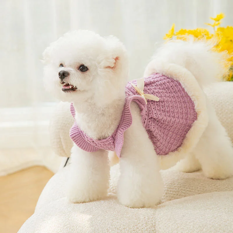 2023 Autumn Winter Fashion Warm And Thick Dog Clothes Purple White Bow Sweater Skirt Princess Wind Pet Teddy Two Feet Clothes