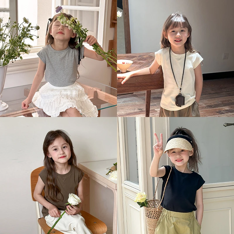 

Girl Shirt Top 2024 Summer New Children Clothing Girl Korean Style Fashion Slim Solid Color Solid Shoulder T-shirt Top Clothes