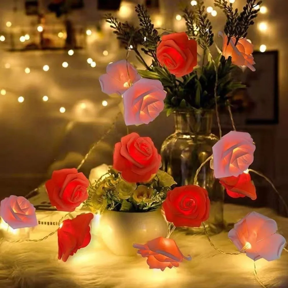 1.5m Rose Blossom Vine String Light Battery Powered Copper Wire Flower Garland Light Artificial LED Rose Flower Light Holiday