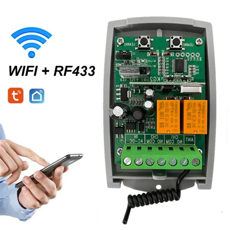

SUNRI-Tuya WIFI Smart Receiver 7-32V 2CH Garage Door Remote Control Opener Controller Rolling Code 433Mhz Transmitter
