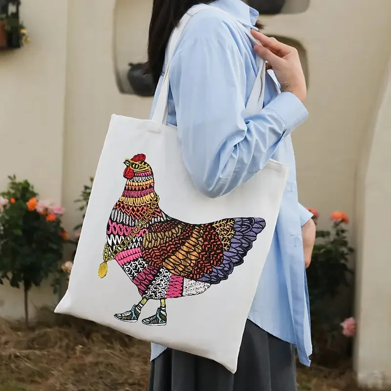 

Funny Hen Canvas Bag Hip Hop Cute Women's Handbag Large Capacity Shopping Bag Short term Travel Tote Bag Portable Bag