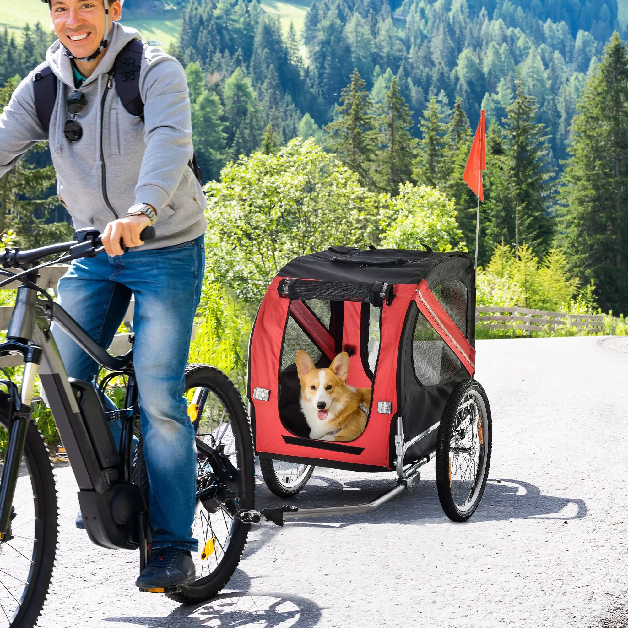 Red Black Dog Bike Trailer Large Wheel Pet Cart Wagon for Off-Road Adventures Durable Aluminium Material Max 50kg for Cats Sheep