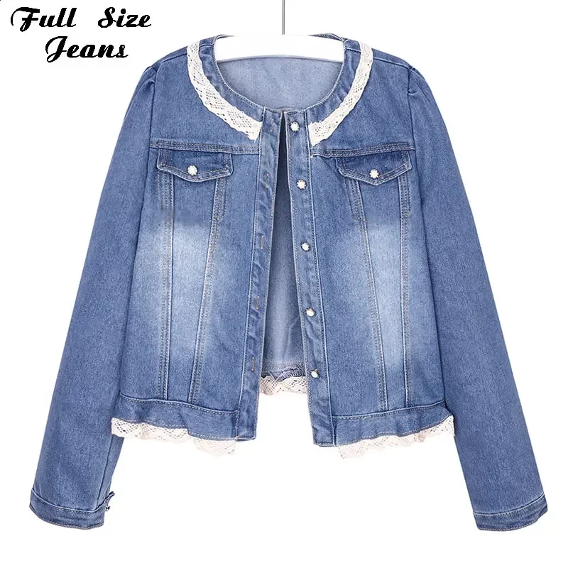 Lace Patchworked Round Collar Basic Cropped Denim Jacket White Wash Light Blue Bomber Short Jean Jackets Crop Coat Cotton Collar