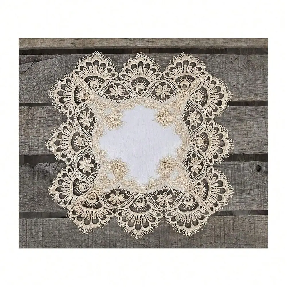 

European Lace And Antique Jacquard Fabric Doily, Placemat 14 Inch Square