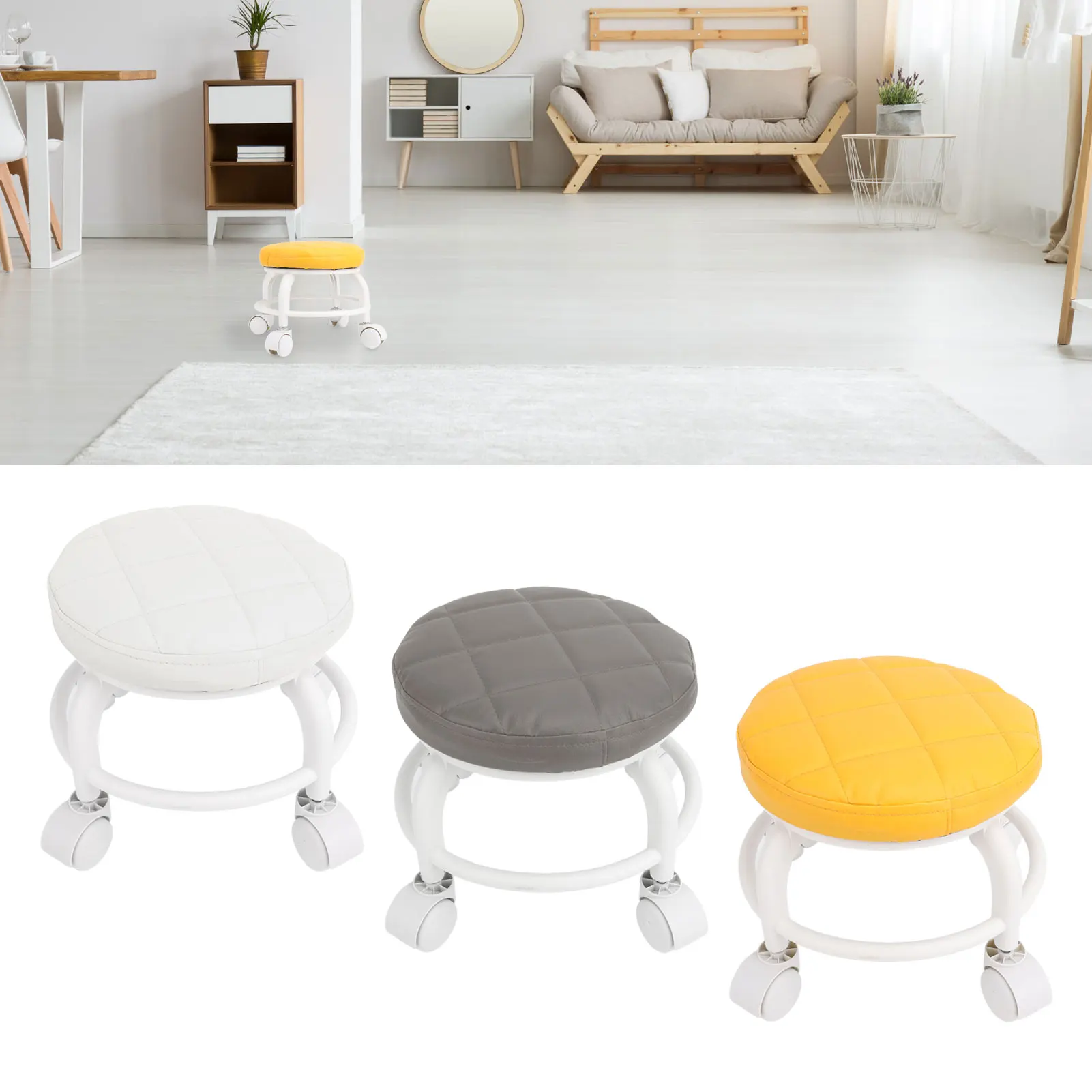 Low Roller Seat Low Roller Seat PU Leather Low Stool Mute Wheel Swivel Low Height Round Roller Chair for Home Office Garage Shop