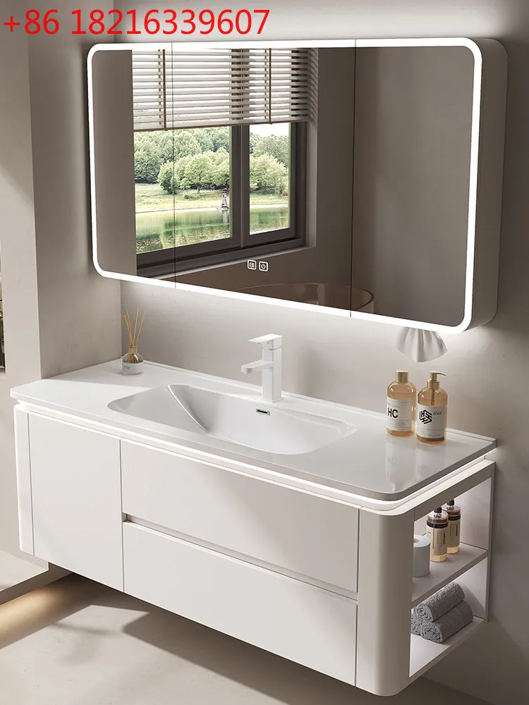 

Легкий роскошный простой белый цельный деревянный интеллектуальный комбинированный боковой шкаф, шкаф для ванной комнаты, керамическая интеграция для ванной комнаты