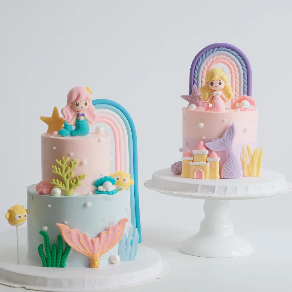 Meerjungfrau Kuchen Topper Regenbogen Schwanz Shell Schloss Tisch Ornamente Prinzessin Mädchen Baby Party Liefert Seestern Auto Kuchen Dekorationen – Detail 1