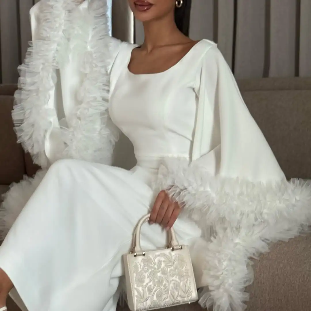 

QR Customized Luxurious Evening Dresses Sheath Satin Square Collar Pleats Ruffle Women Prom Dresses Ankle Length Elegant Party