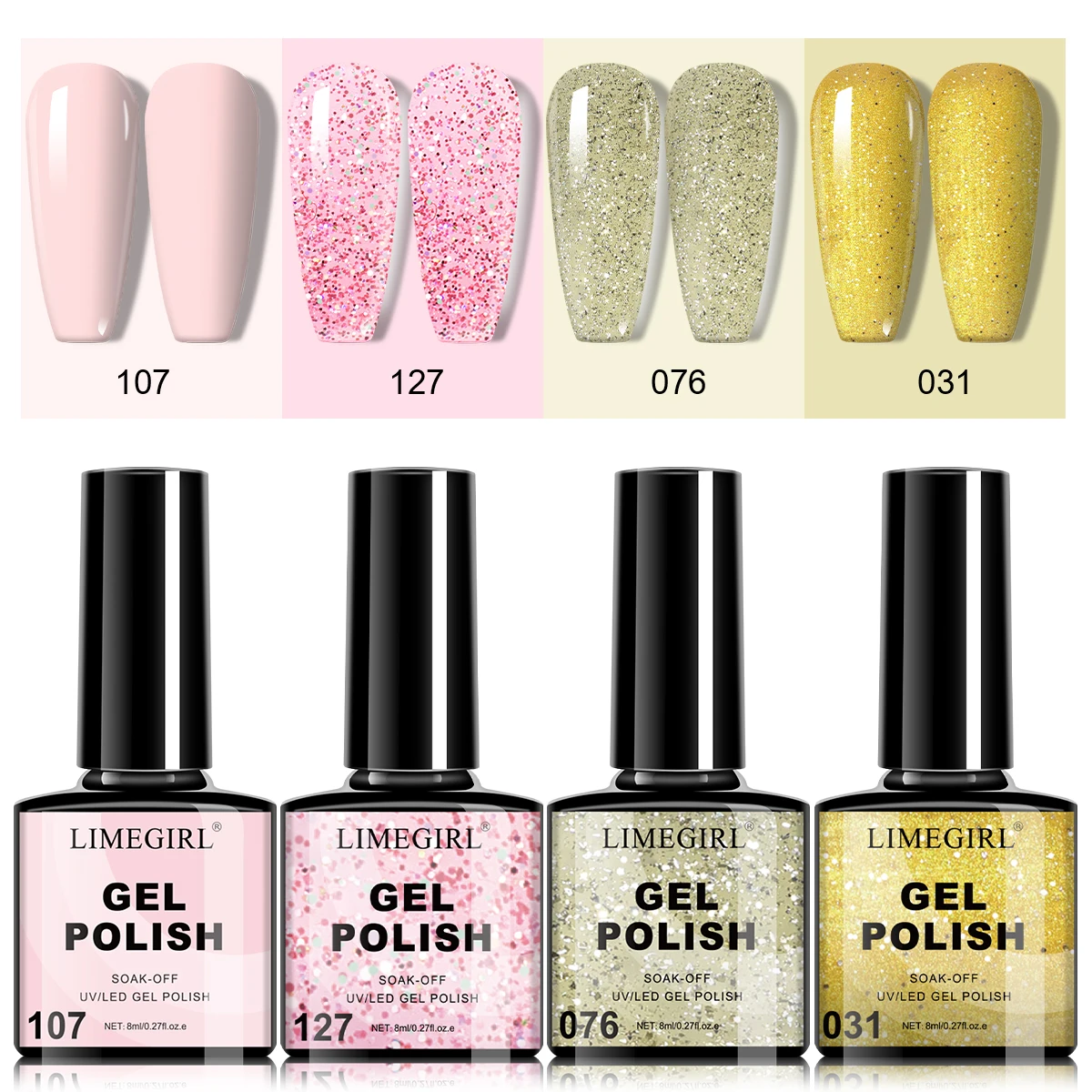 LIMEGIRL 4色ジェルネイルポリッシュキット 8ml グリッターピンク セミパーマネント UV LED ソーキングジェル マニキュアセット ネイルアートデザイン