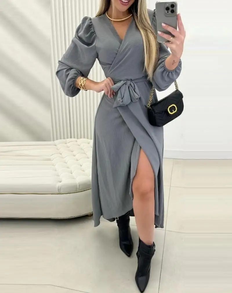 Elegant Women\'s Autumn Dresses 2024 Fashion Commuter V-Neck Lace Up Waist Cinching Bubble Sleeve Slit Casual Long Gray Dresses