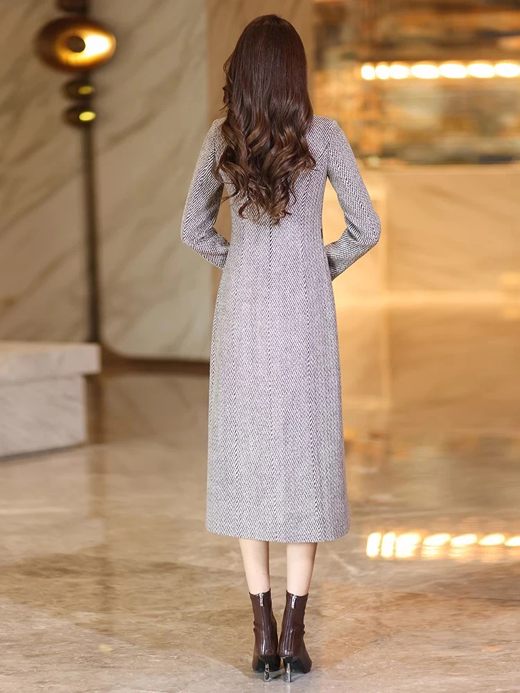 Nowa wełniana długa sukienka damska jesień zima Moda O-Neck Długi rękaw Wąska talia Gruba sukienka Elegancka Prostota Patchworkowa sukienka