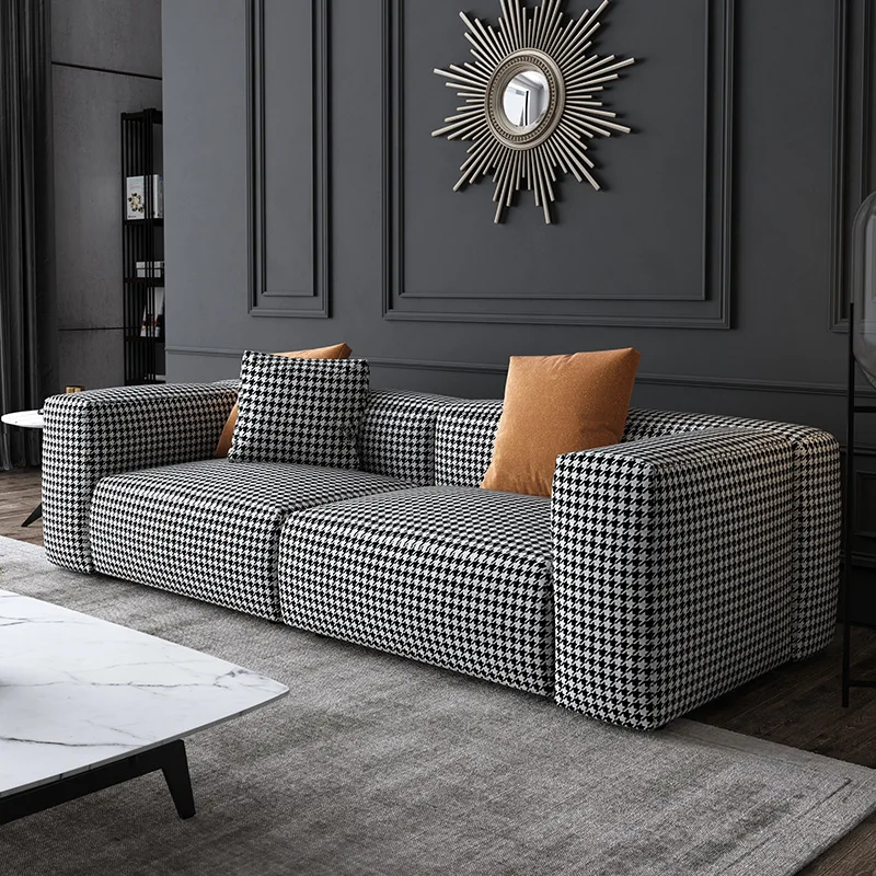 Nordic thousand bird grid sofa three-person modern simple fabric double sofa small apartment