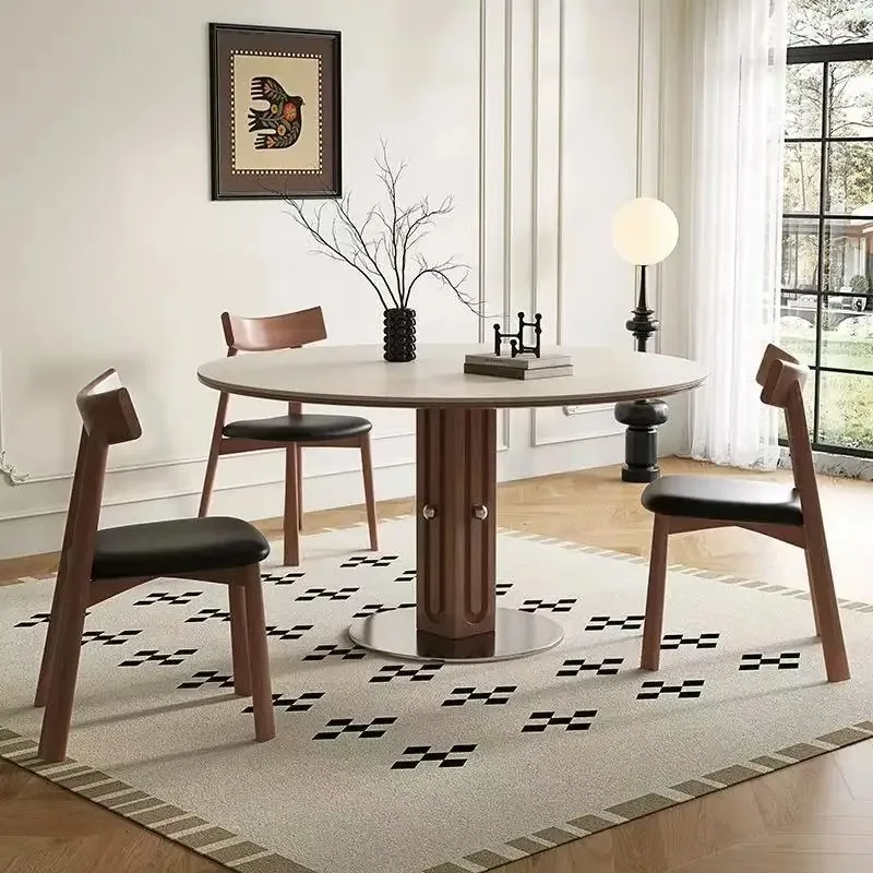 French retro solid wood travertine rock slab dining table, light luxury household round solid wood dining table