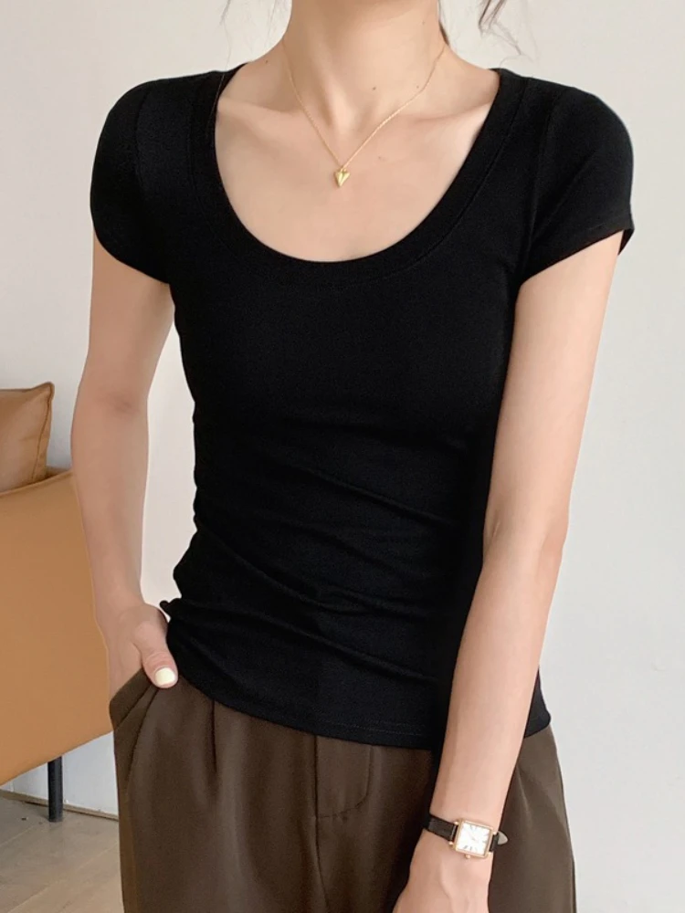 Kurzarm-Damen-T-Shirt aus Baumwolle für den Sommer, schmale Passform und schlankmachend, vielseitiges Taillendesign, vordere Schulter, U-Ausschnitt